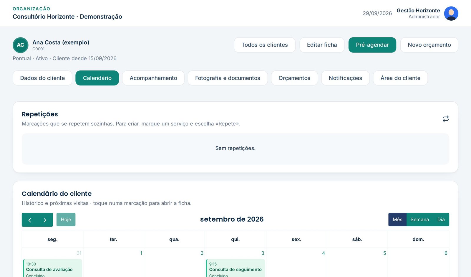 Ficha do cliente com o calendário de agendamentos