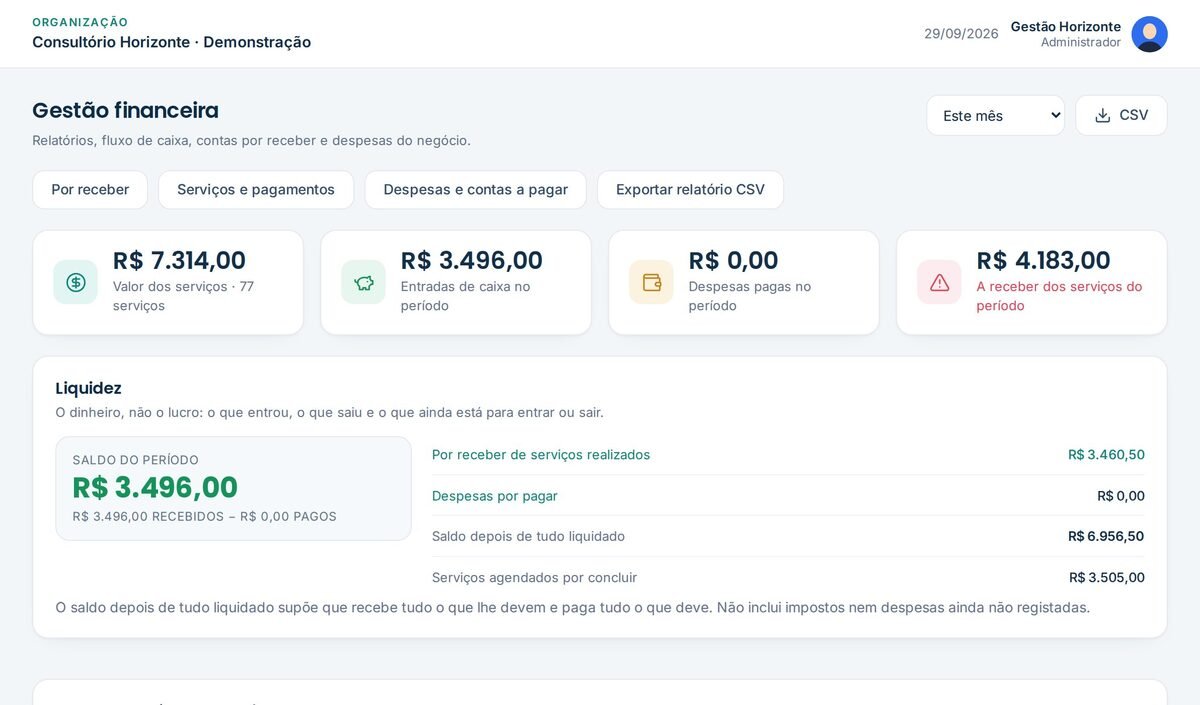 Gestão financeira com entradas, valores a receber e saldo