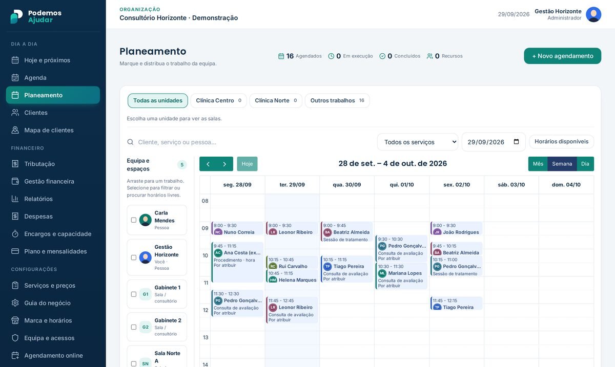 Planejamento da semana com os atendimentos de cada pessoa